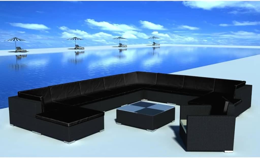 12 Piece Patio Lounge Set with Cushions Poly Rattan Black,Versatile Set:Includes corner sofas, center sofas, ottomans, tea table, and chair for varied seating options. Patio Furniture, Outdoor Furnitu