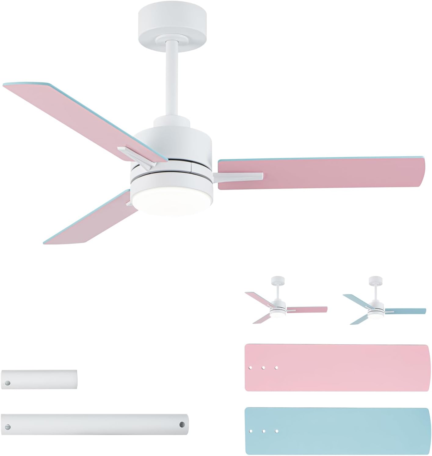42'' Ceiling Fan with Lights and Remote, Pink Blue Ceiling Light for Kids Room, Modern Ceiling Fan for Boys Girls, 6 Speed, Reversible, 3000k-6000k LED, Quiet DC Motor for Indoor Outdoor
