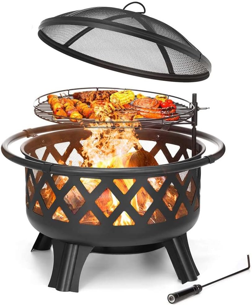 Grills 30 inch BBQ Grill Fire Pits Outdoor Wood Burning Fire Pit Stove Garden Patio Wood Log Barbecue Grill Net Set Cooking Tools