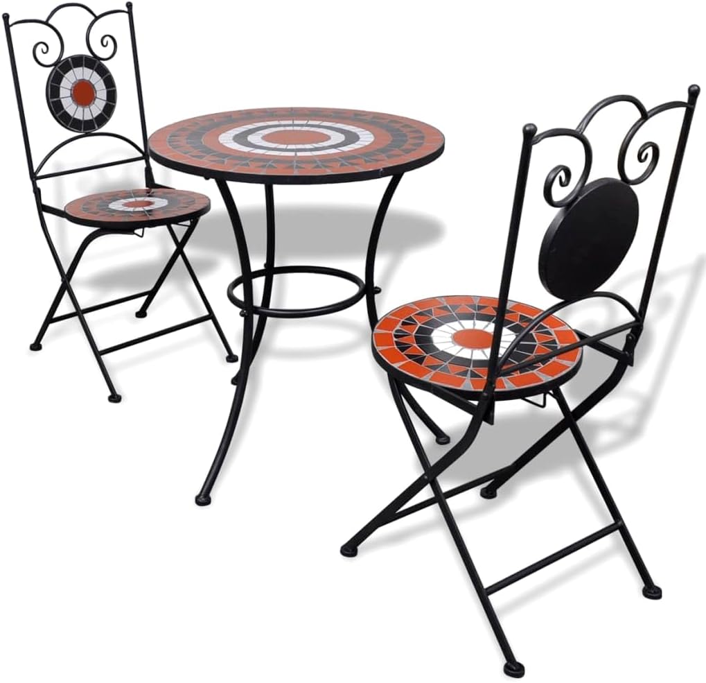 3 Piece Bistro Set Ceramic Tile Terracand White,Mosaic Bistro Set: Romantic Outdoor Patio and Balcony Furniture with Ceramic Tile Tabletop and Durable Iron Frame Furniture Sets for Patio, Lawn & Garde