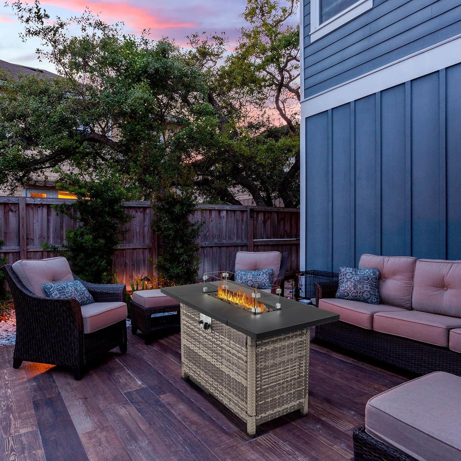 Fire Pit Table 43 Inch Outdoor Propane Gas Fire Pit for Outside 50,000 BTU Auto-Ignition Gas Firepit Outdoor Rattan Table with Glass Wind Guard and Cover Black