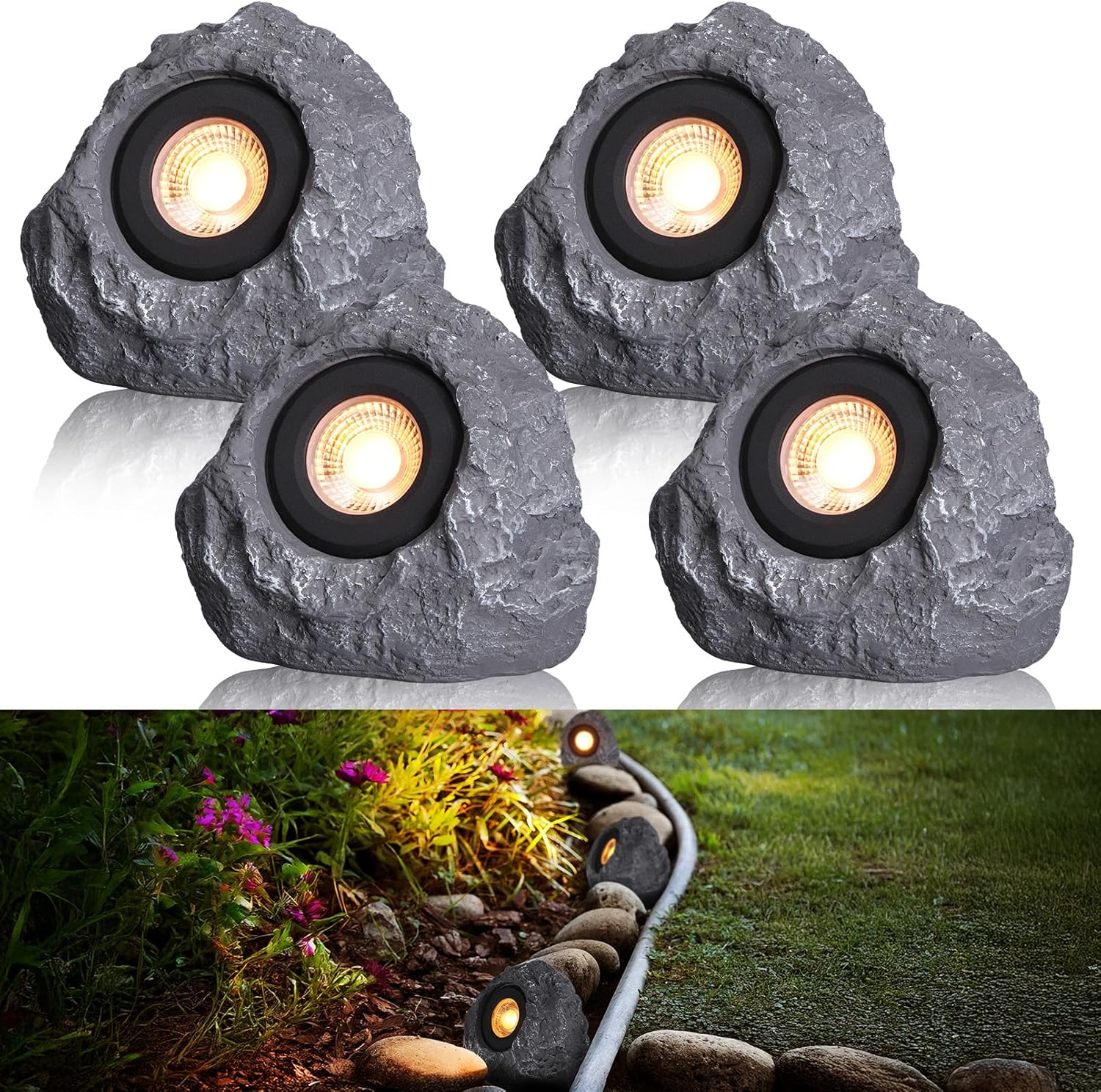 LEONLITE 5CCT LED Rock Lights Outdoor, 5W Low Voltage Landscape Spot Light for Garden, Yard, Decorative Stone Light, 12-24V AC/DC, CRI90, 200lm, IP65 Waterproof, Triangle, Dark Gray, Pack of 4