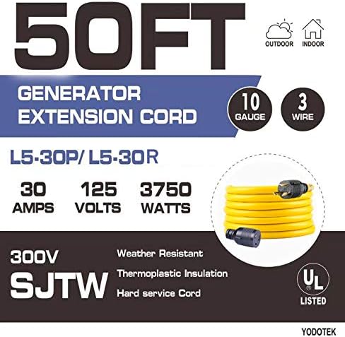 50FT Heavy Duty 3 Prong Generator Locking Power Cord NEMA L5-30P/L5-30R,10 Gauge SJTW Cable, 125V 30Amp Yellow Generator Lock Extension Cord with UL Listed…