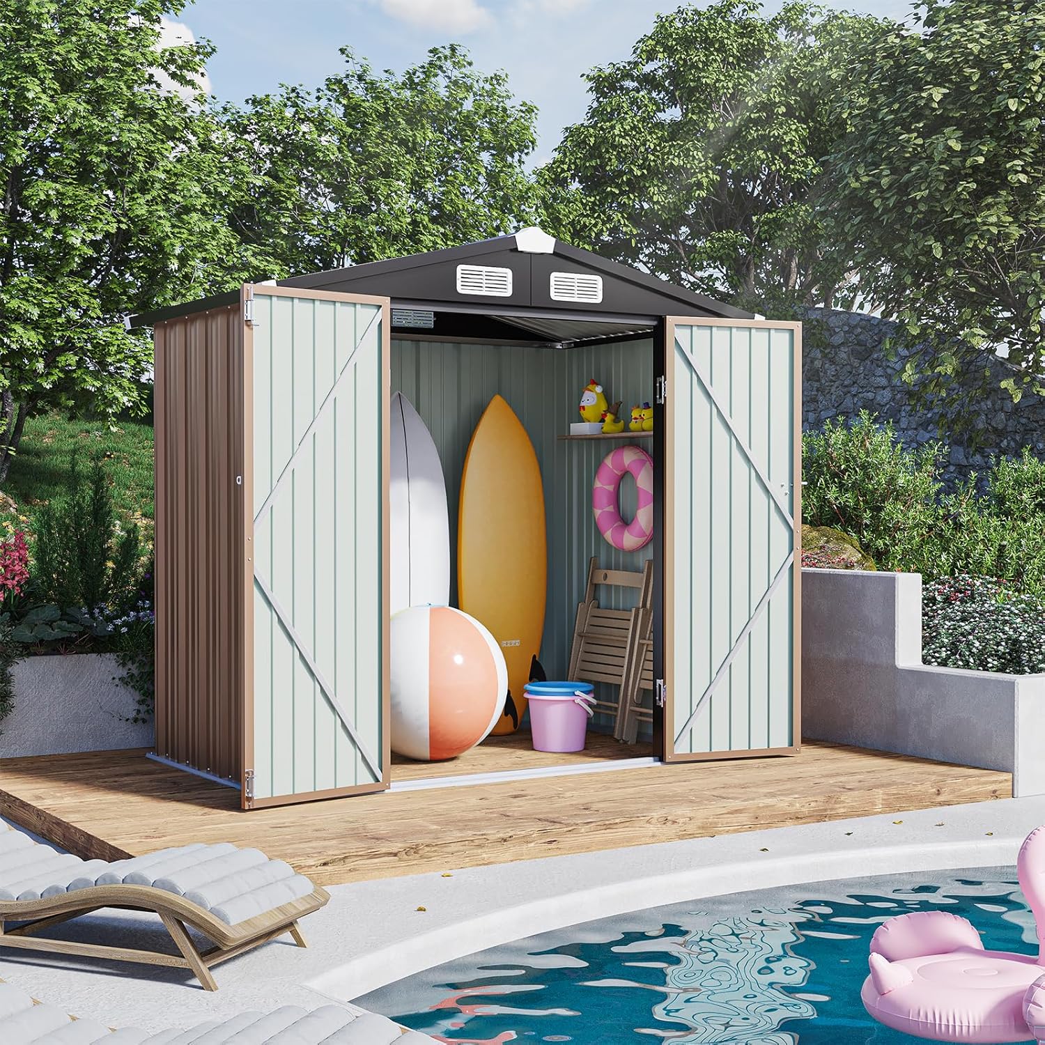 Outdoor Storage Shed 6.4x3.6FT Outdoor Garden Storage Shed, Galvanized Steel Metal Garden Shed with Air Vent and Hinged Door Utility Tool Storage House for Garden, Backyard, Patio, Lawn