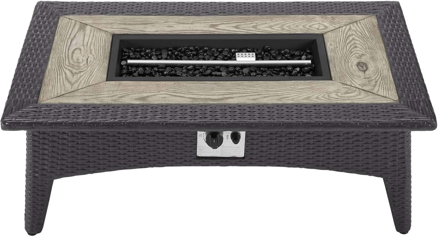 Modern Cool Outdoor Patio Lounge Coffee Fire Pit Table Rectangular Drak Grey Gray Rattan Wicker