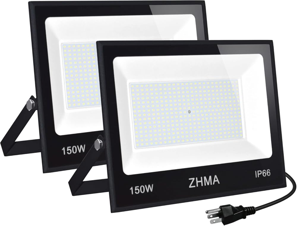 2 Pack 150W Led Flood Lights Outdoor, 12000LM Super Bright Work Light, IP66 Waterproof, 6500K Daylight White, Outdoor FloodLights for Backyard,Playground,Basketball Court