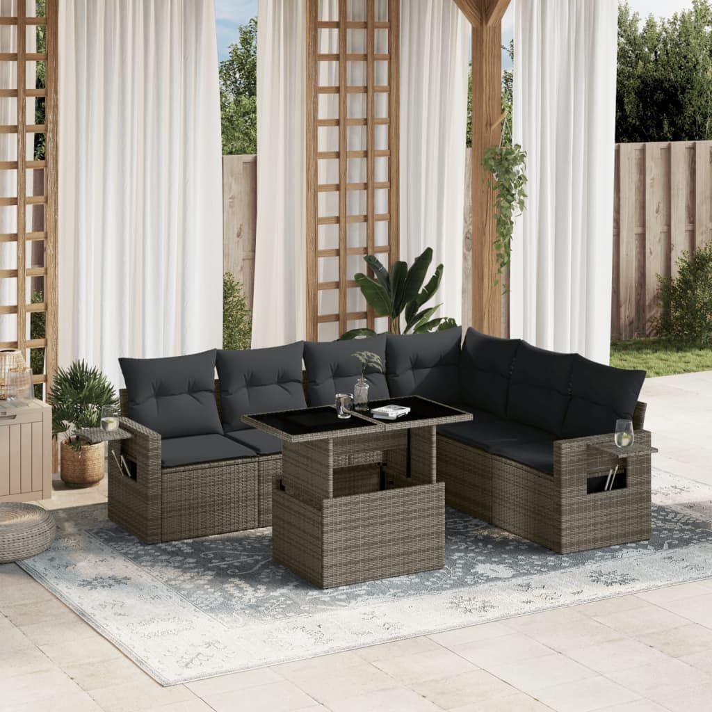 Garden Sofa Set Grey PE Rattan, Powder-Coated Steel Frame, Tempered Glass Tabletop, 7-Piece Outdoor Patio Furniture Set for Balcony, Dining, 7-Person Seating