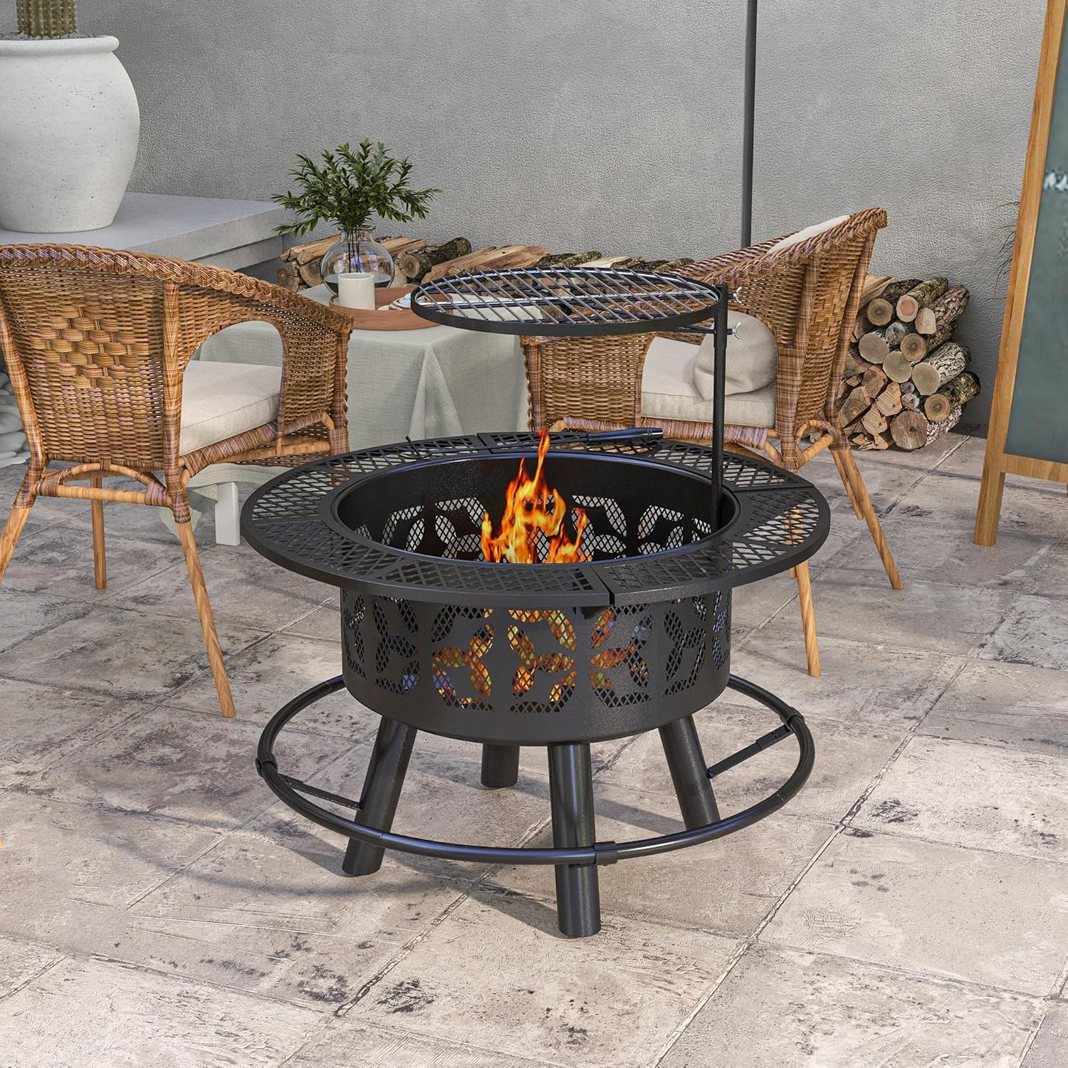 Outsunny Portable Fire Pit, BBQ Grill, 33