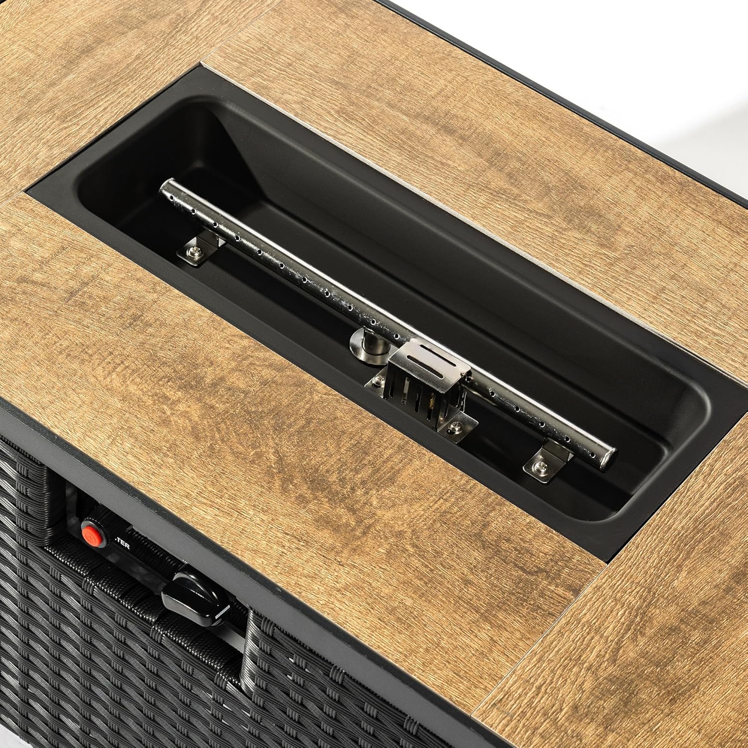 50000BTU 32 inch Rectangular Liquid Propane Fire Pit Table Ceramic Tile Top Dark Brown Resin Wicker Base Durable Steel Frame Complete Kit