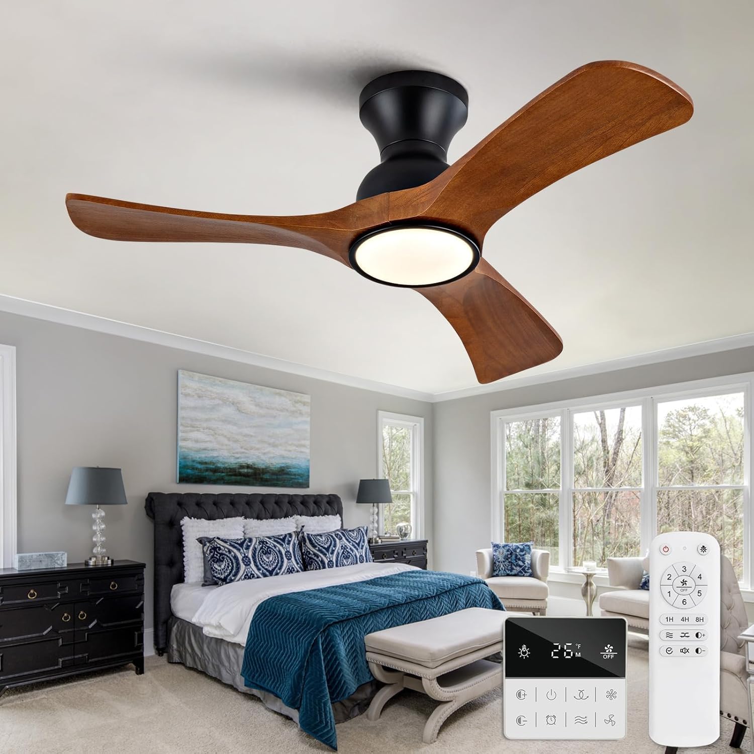 36 inch Flush Mount Ceiling Fans with Lights,Remote Control,Wall Switch,Solid Wood Blades,Dimmable,Reversible,Noiseless, Low Profile Black Ceiling Fan Indoor/Outdoor for Bedroom Patios