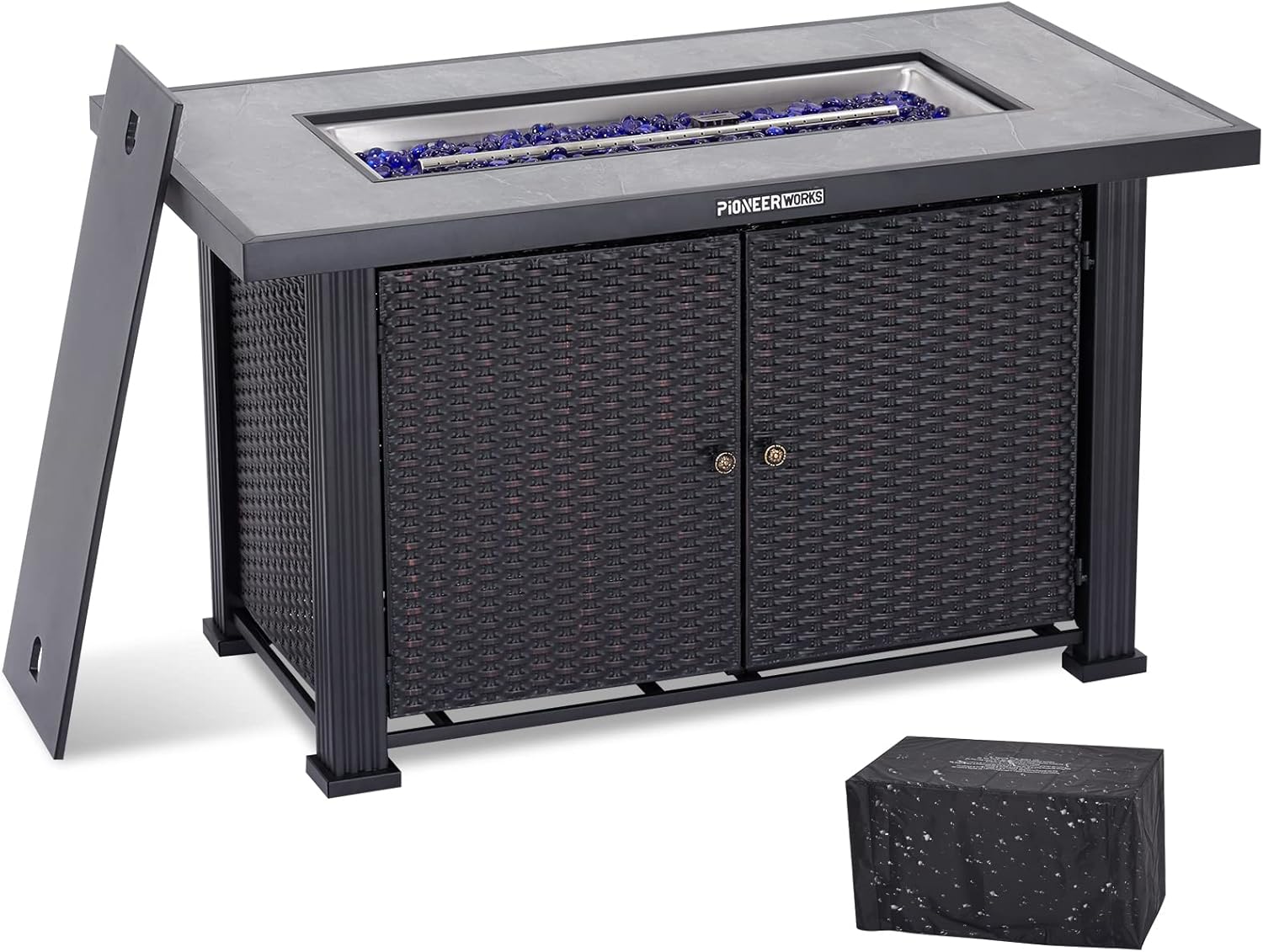 Garvee 44 in Propane Fire Pit Table, 50000BTU Rectangle Fire Table with Cover & Rain Cover, Sturdy Steel and Iron Fence Surface, CSA Safety Certified, Companion for Your Garden (Double Door)