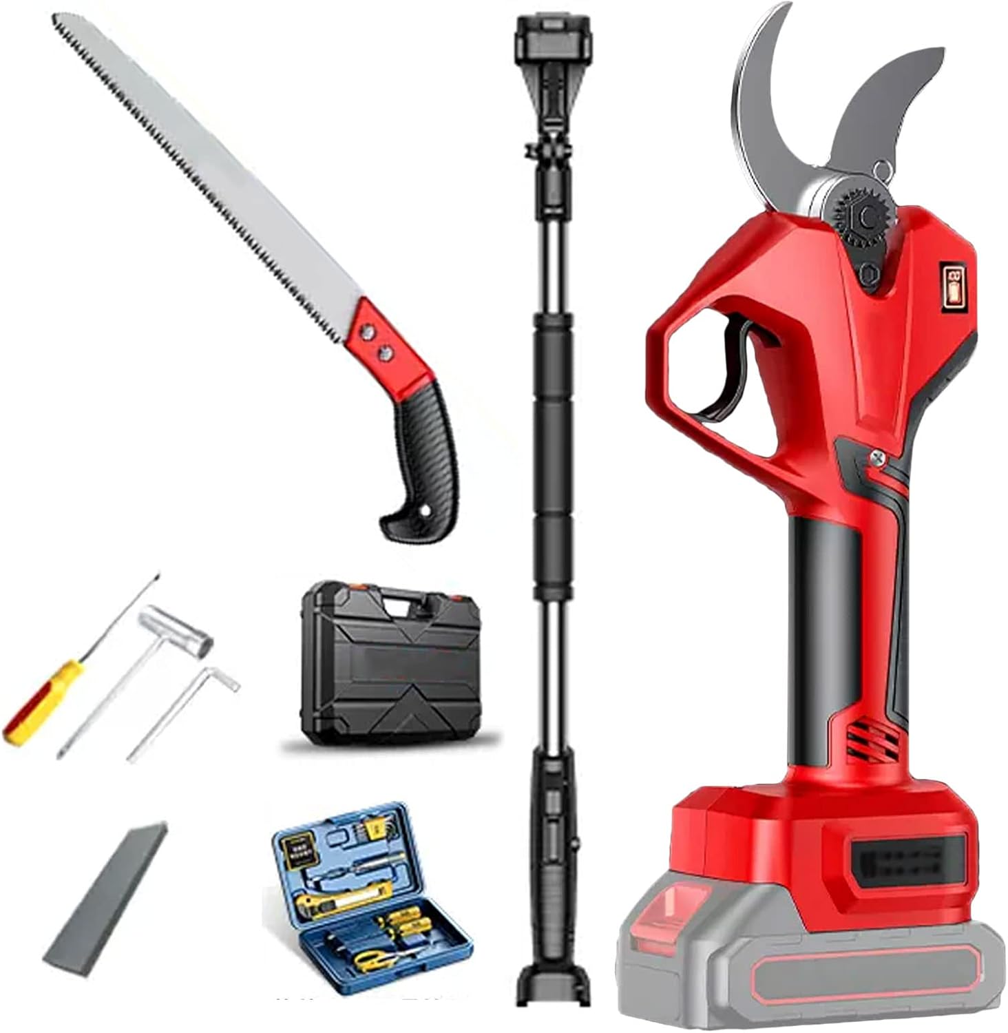 Outdoor Orchard Pruning Shears Electric 40mm Adjustable Handheld Pruner with 4x Rechargeable Battery, Rechargeable Branch Cutter, with Toolbox & Extension Pole, Cordless Secateurs 12 Working Hours