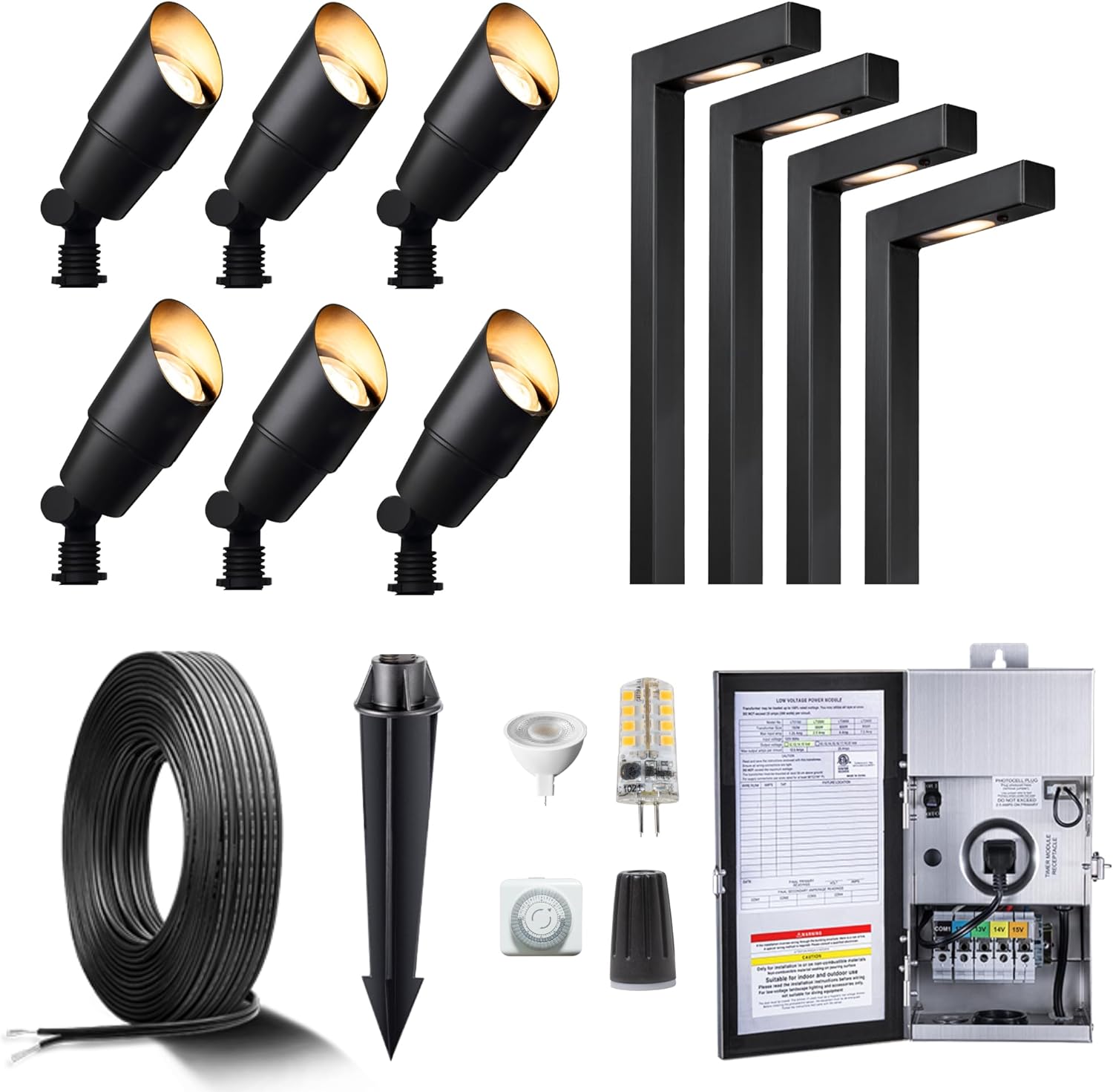 Gardenreet Brass Low Voltage Black Landscape Lighting Kit (6 Spotlights, 4 Path Lights) with 150W Transformer and 100 Feet Cable and 30 Pack Wire Connectors for Outdoor Yard Patio Walkway