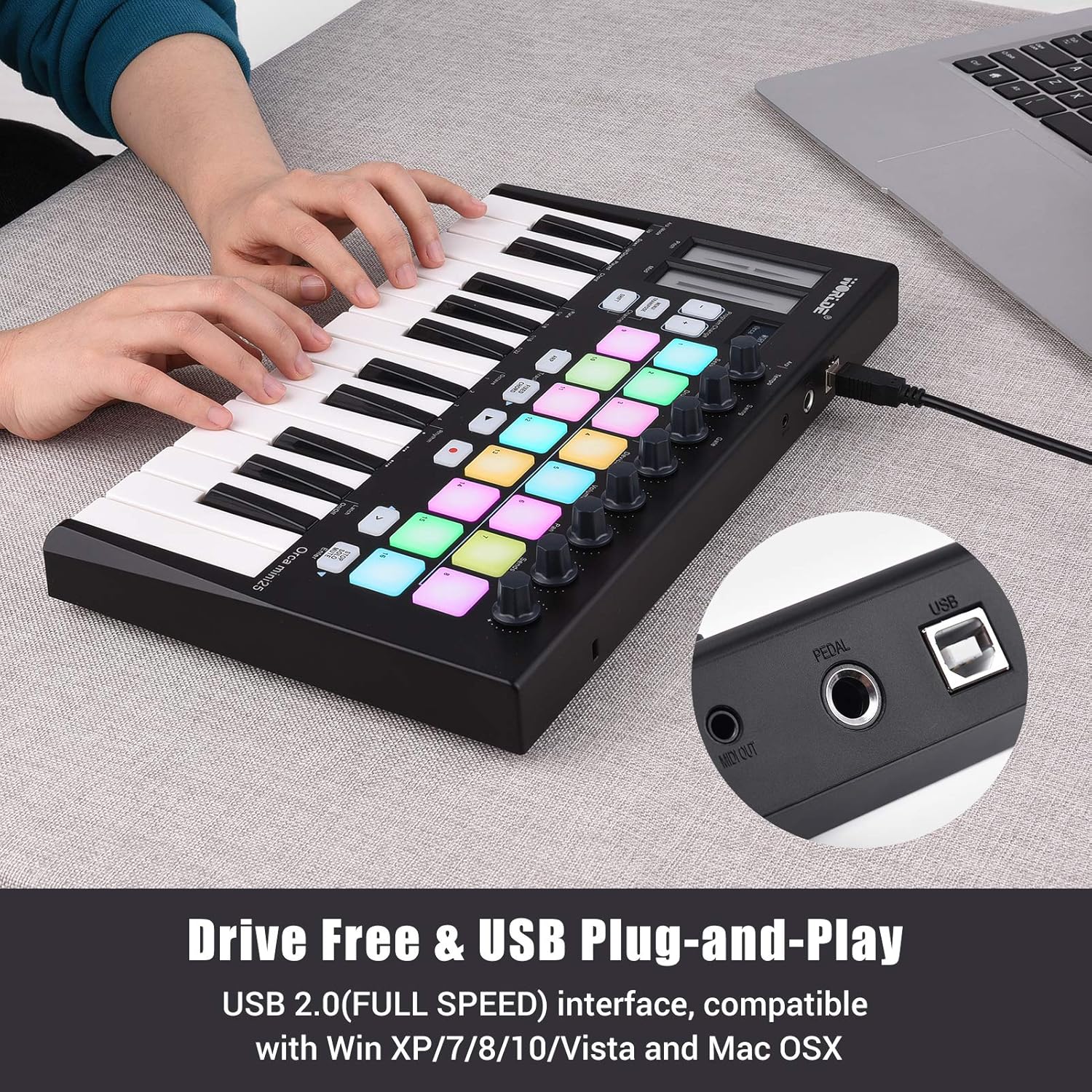 LANRU Orca mini25 Portable 25-Key USB MIDI Keyboard Controller with 16 RGB Backlit Trigger Pads 8 Assignable Control Knobs