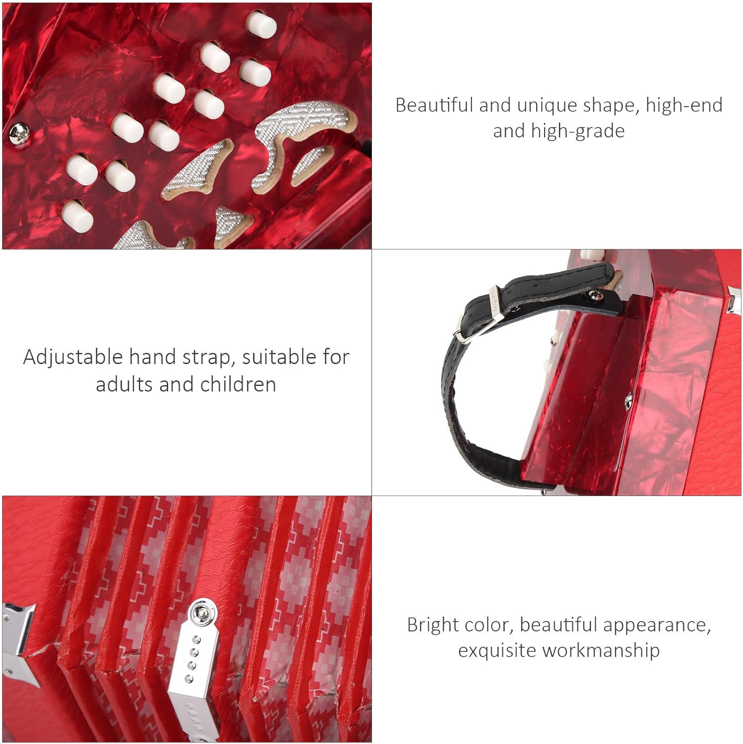 Concertina Accordion Portable Musical Instrument, Solid Wood, 3 Colors - Adjustable Hand Strap, Lightweight Design, Ideal for Beginners and Adults (Red)