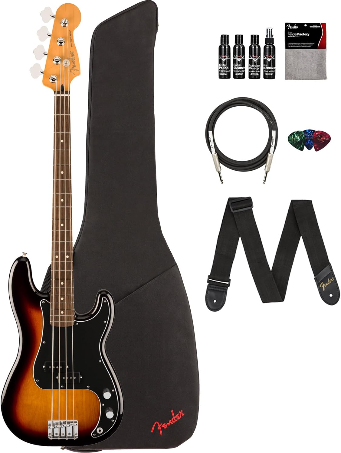 Fender Player II Precision Bass - 3-Color Sunburst Bundle with Gig Bag, Strap, Cable, 3-Pack Picks and Guitar Cleaning Kit