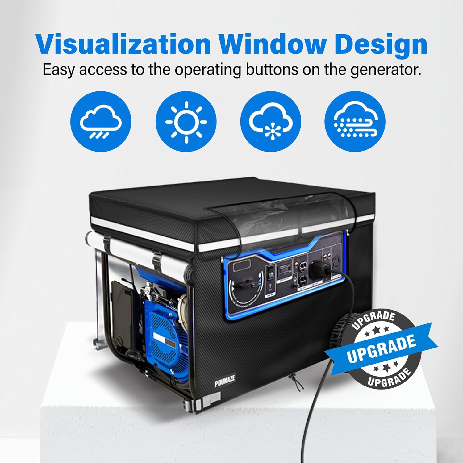 Running Generator Covers. Generator Cover Measures 38''L×28''W×27''H. Double-layer Fabric. Side Access to Control Panel and Top Access to Add Fuel. Fits Most 5,000-15000 Watt Generators, Black.