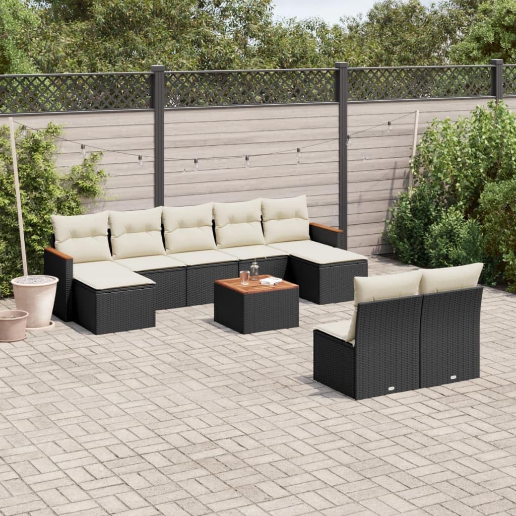 10-Piece Modular Garden Sofa Set Black, Cream Cushions, Powder-Coated Steel Frame, Synthetic Rattan Patio Furniture for Outdoor Balcony