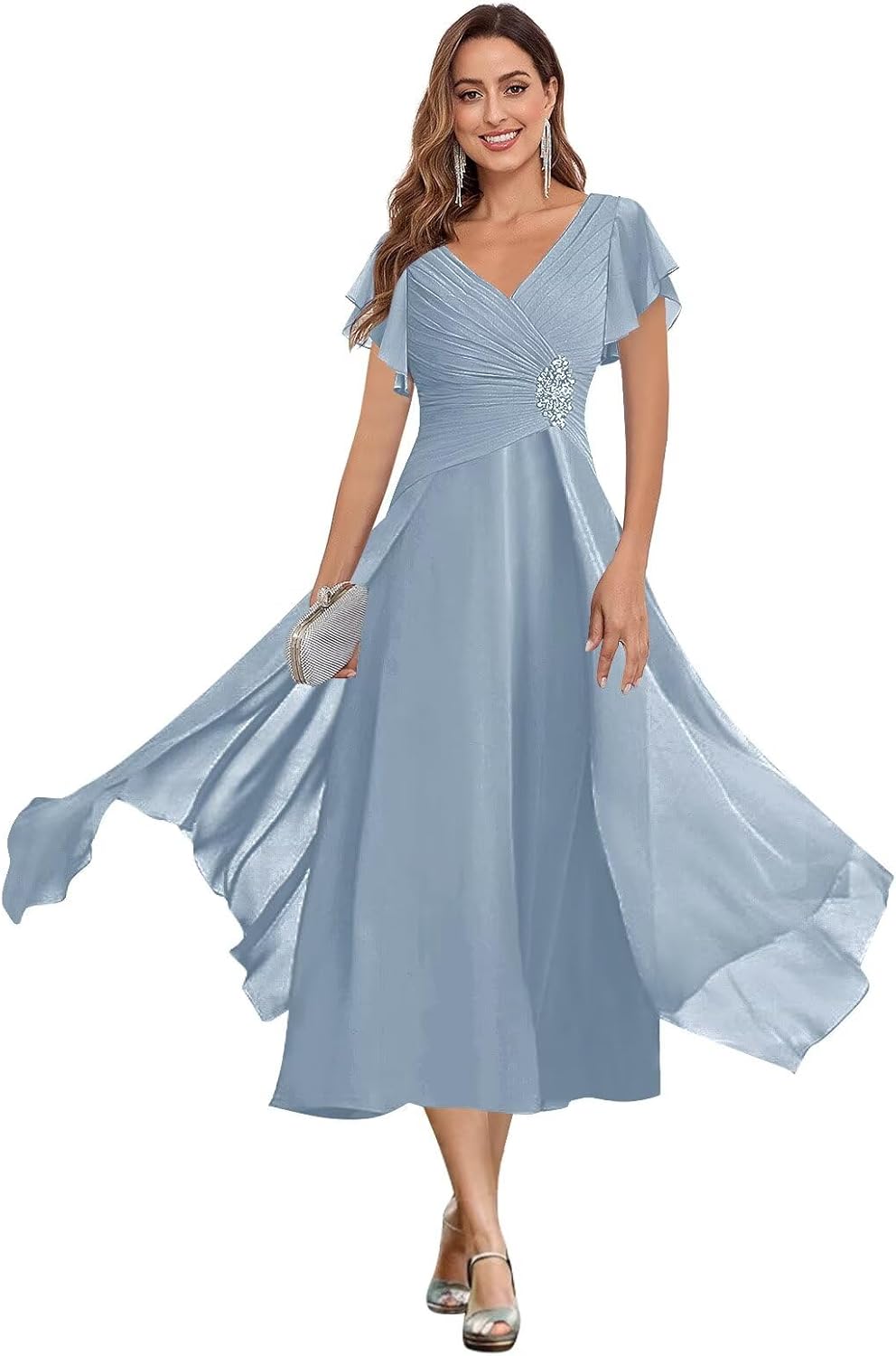 POMUYOO Mother of The Bride Dresses for Women Chiffon Tea Length Formal Dresses Wedding Guest Dress with Sleeves