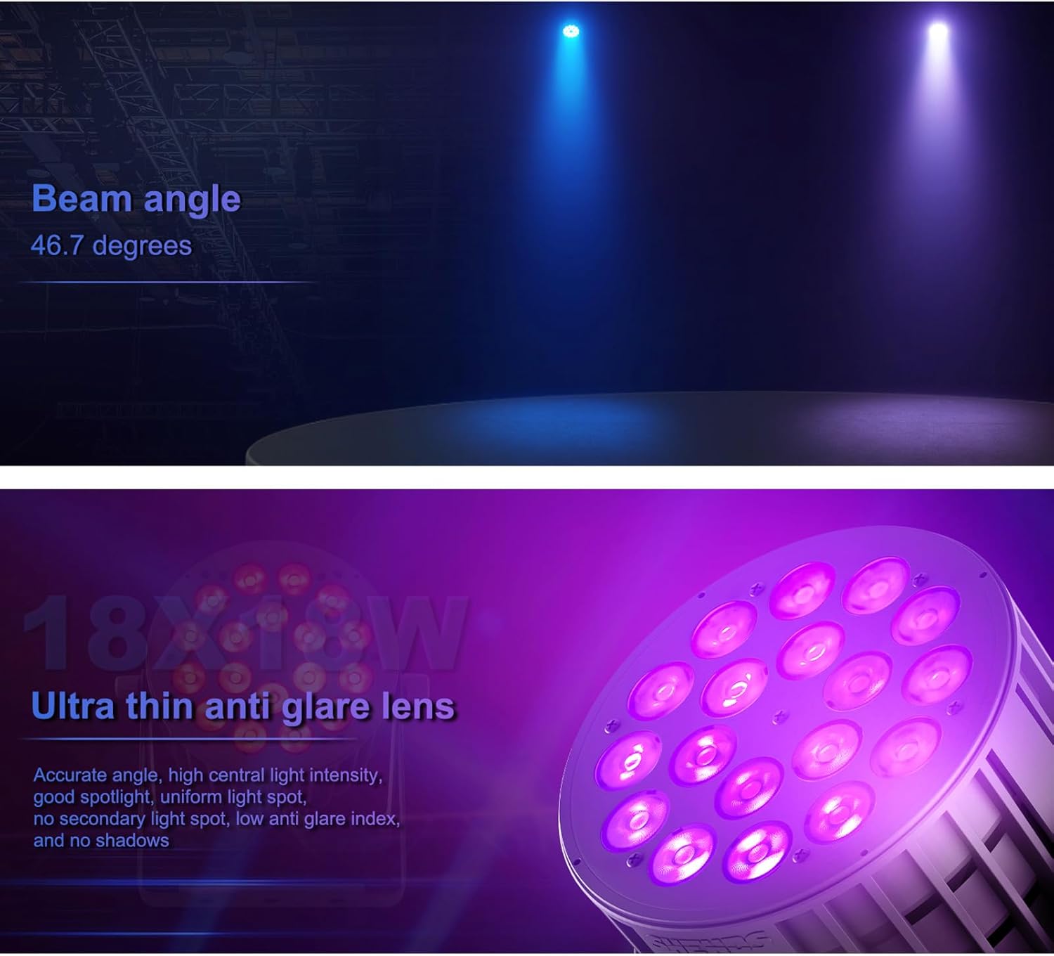 SHEHDS 18x18W LED PAR Lights, RGBWA+UV 6-in-1, Color Wash/Strobe, Stage Strobe Light, DJ Light, DMX512, Sound Active, Aluminum Shell, for Stage, Disco, Club, Party, Wedding, Bar