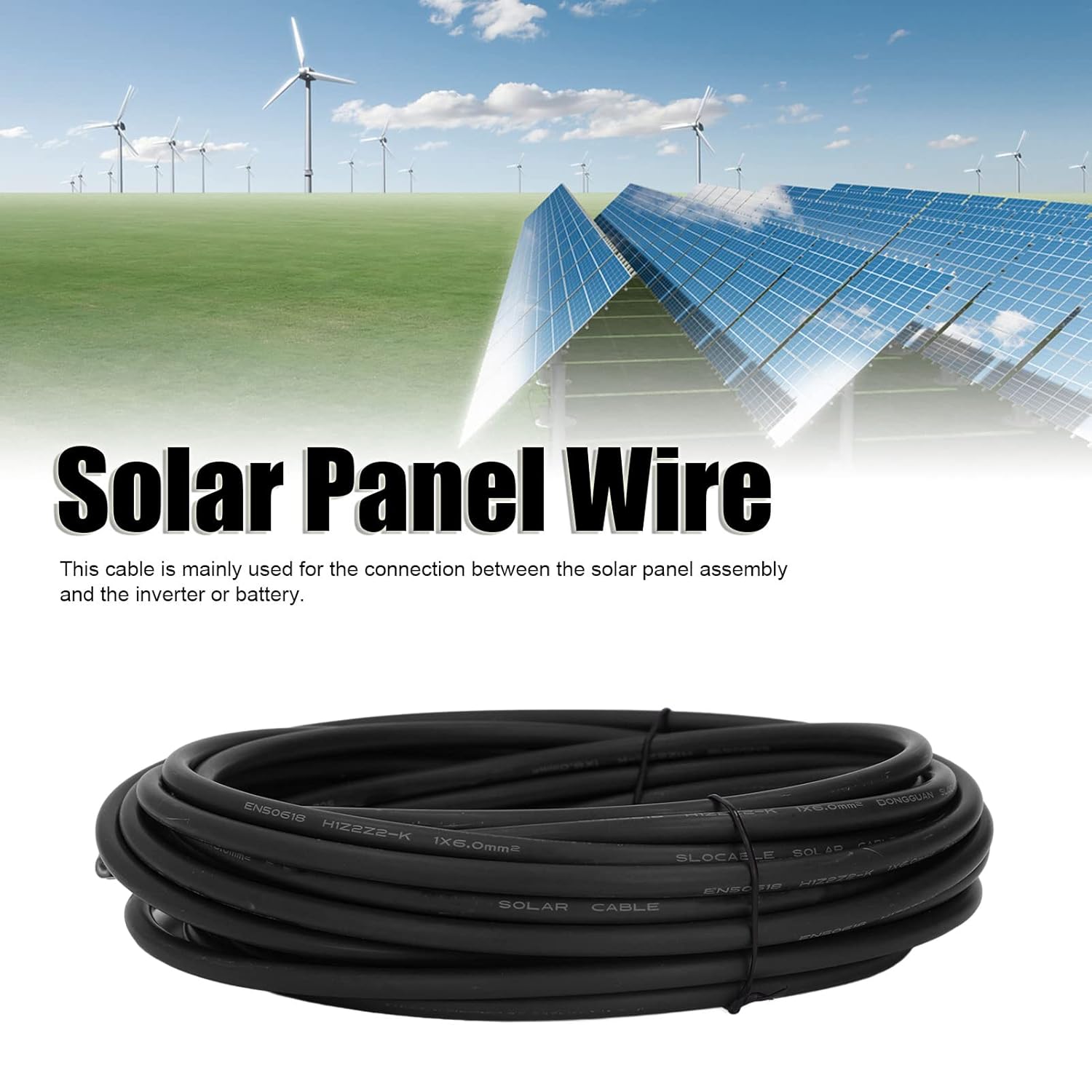 Solar Panel Wire, 6 Photovoltaic Cable Solar Photovoltaic Cable Double Layer Insulation Tinned Copper, & Wind Power Parts & Accessories (Black 50m/164ft)