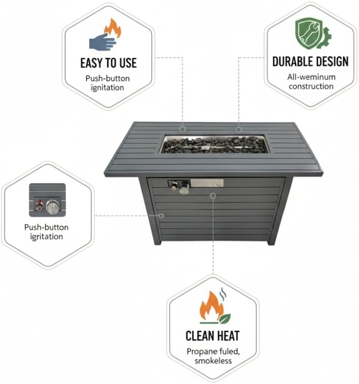 Modern Outdoor Propane Fire Pit Table with Lid and Lava Rocks, Steel Construction for Patio Garden Backyard Deck Heating and Ambiance