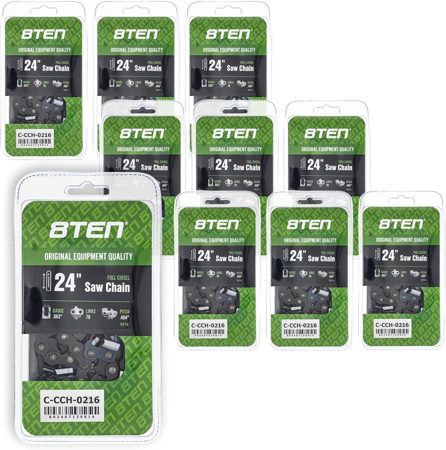 8TEN Full Chisel Chainsaw Chain 24 Inch .063 Gauge .404 Pitch 78 Drive Links (10 Pack)