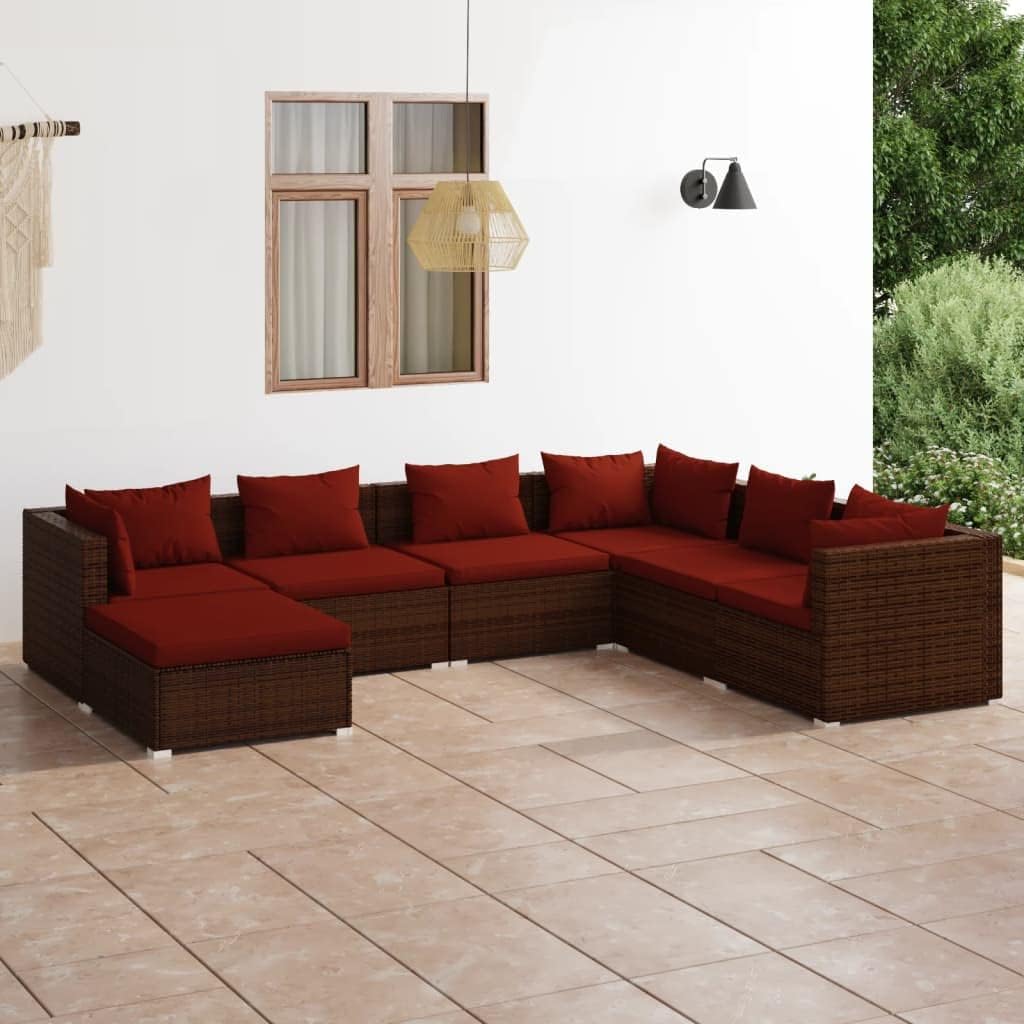 7 Piece Patio Lounge Set with Cushions Poly Rattan Brown,Premium Modular Rattan Patio Lounge Set with Cushions for Outdoor Relaxation Patio Furniture Sets, Outdoor Furniture Sets