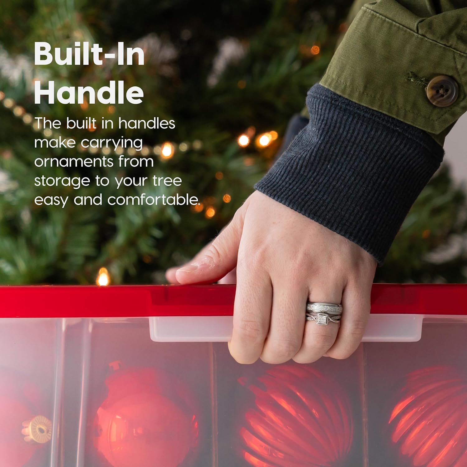 IRIS USA Ornament Storage Box with Attached Lid, Stores 75 Ornaments per Bin, 2-Pack, Stackable Durable Christmas Storage Organization Container Bin for Holiday Decorations and Accessories, Clear/Red