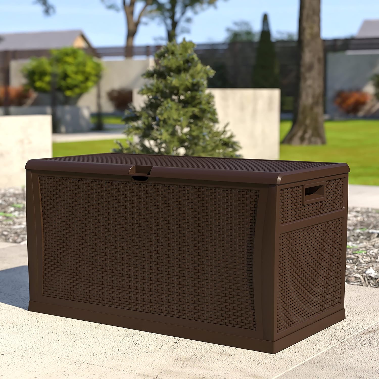 EMMA + OLIVER 120 Gallon Brown Plastic Deck Box for Outdoor Patio Storage & Deck Organization