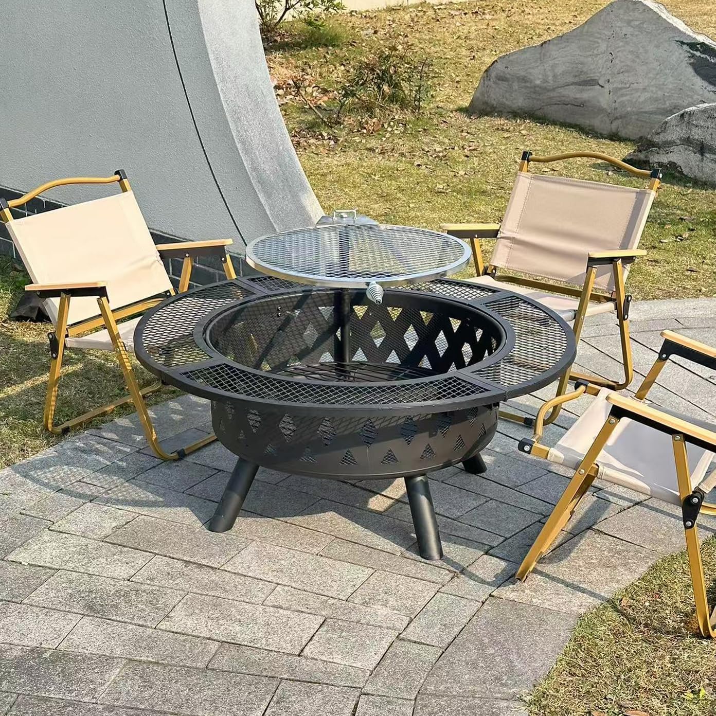 39 inch fire Pit, Outdoor Wood Burning Barbecue Pit Bowl, Steel Round Table for Picnic on Backyard Campfire Patio