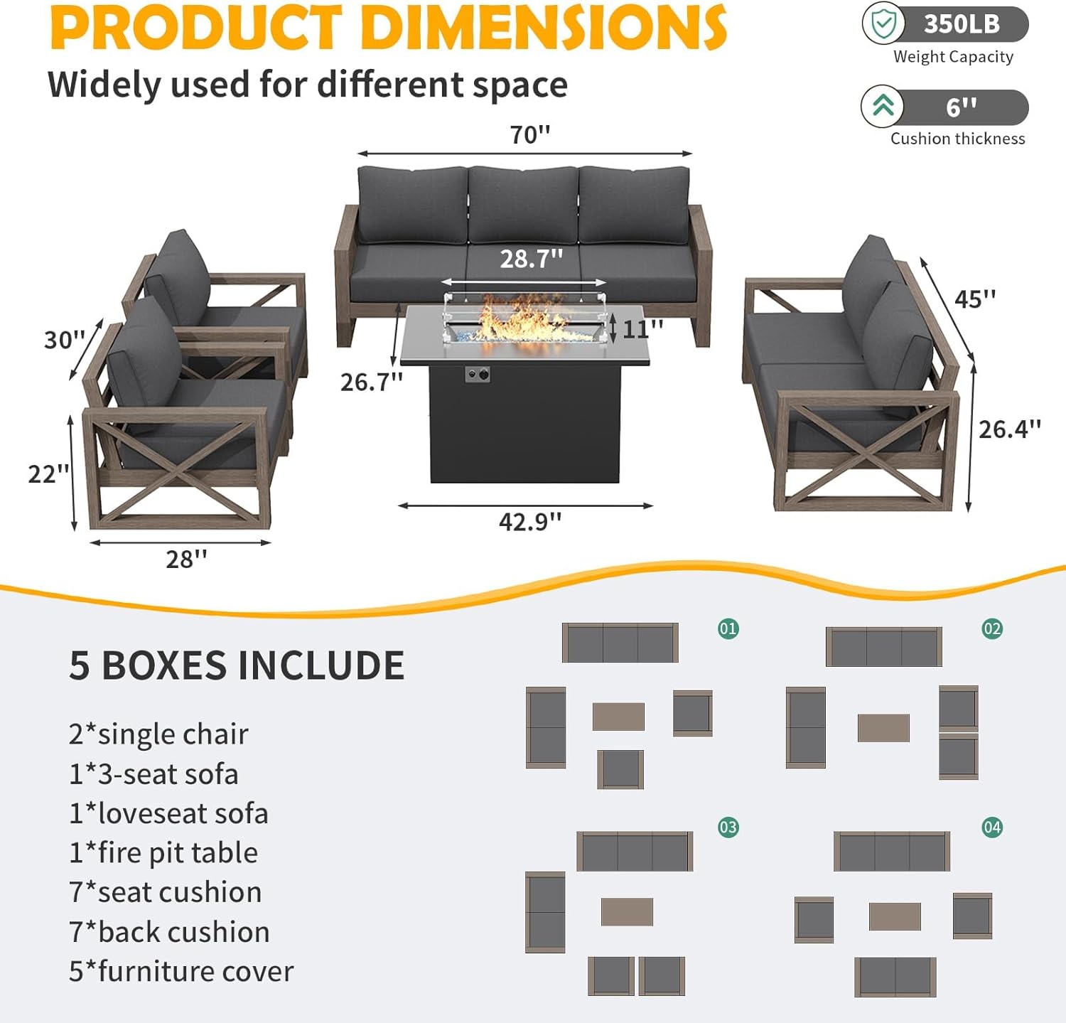 Amopatio Aluminum Patio Furniture Set with Fire Pit, 8 Pcs Metal Patio Sofa Couch Sets with Aluminum Fire Pit Table, Modern Outdoor Furniture with 6