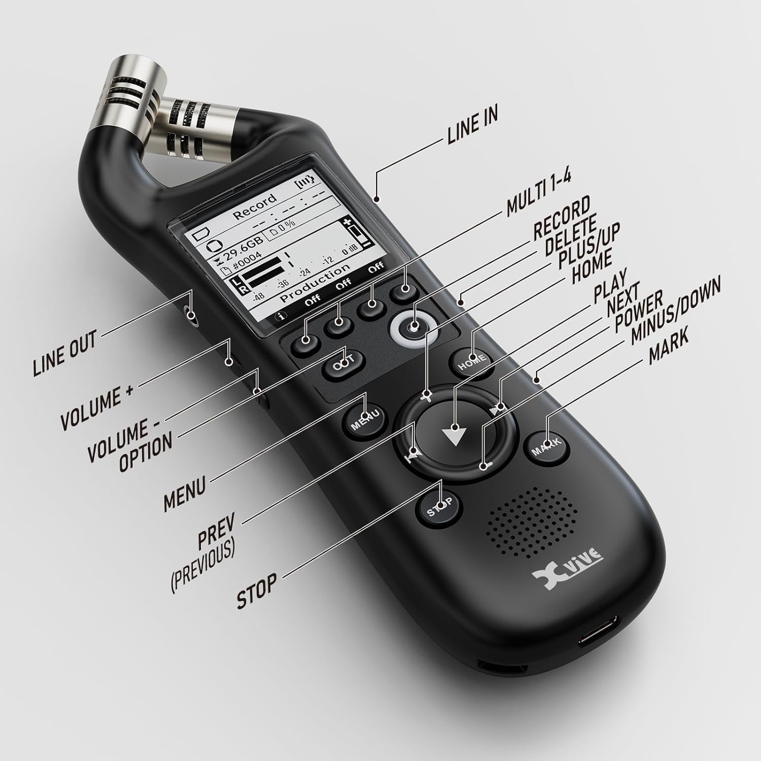 Xvive XV1-R Portable Stereo Audio Recorder with 32-Bit Float, X/Y Microphones, WAV/AAC Format, USB Microphone, Auto Record, for Musicians, Podcasters, Filmmakers