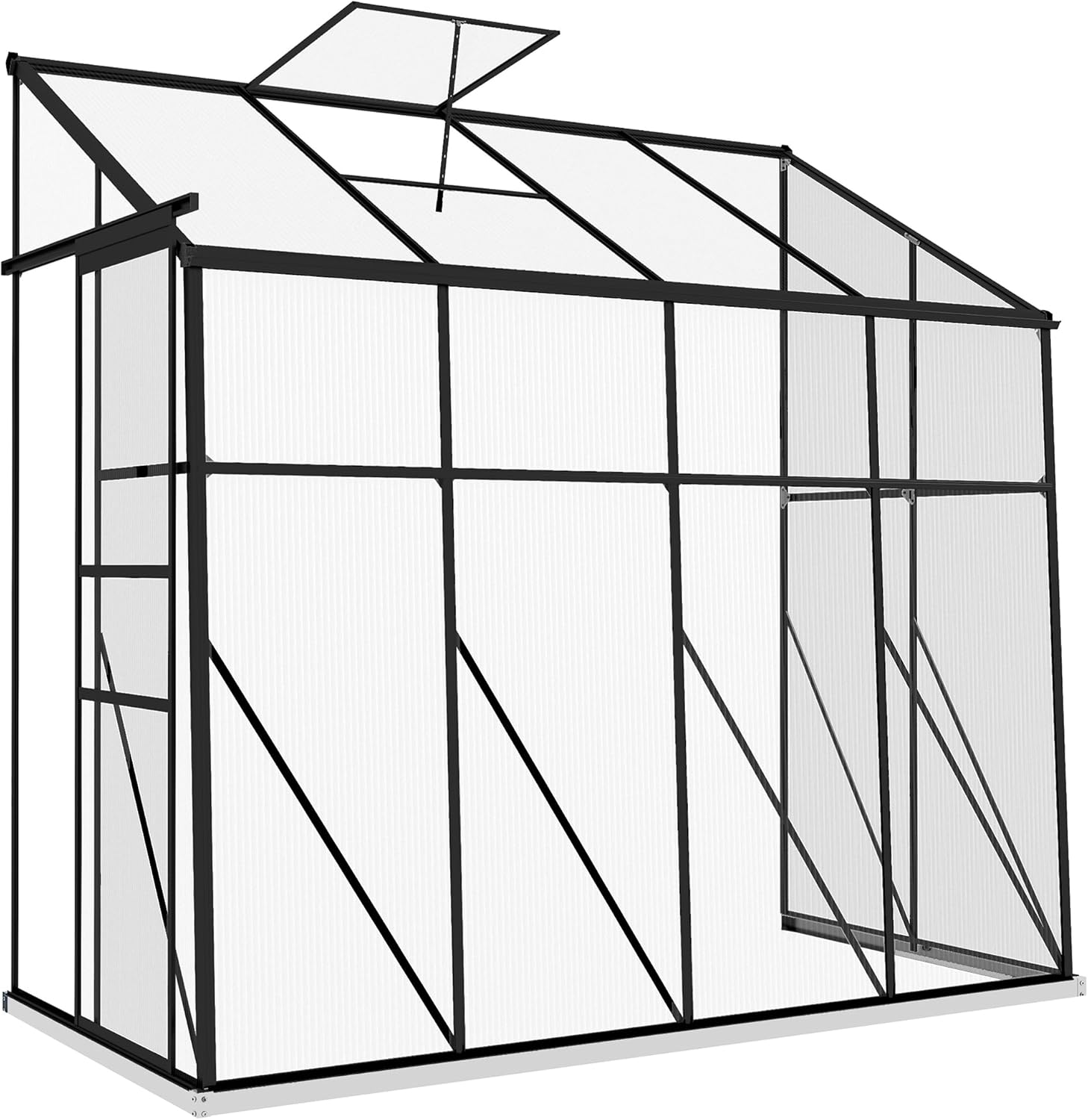 Outsunny 8' x 4' Lean-to Polycarbonate Greenhouse, Walk-in Hobby Green House with Sliding Door, 5-Level Roof Vent, Rain Gutter, Garden Plant Hot House with Aluminum Frame and Foundation, Black
