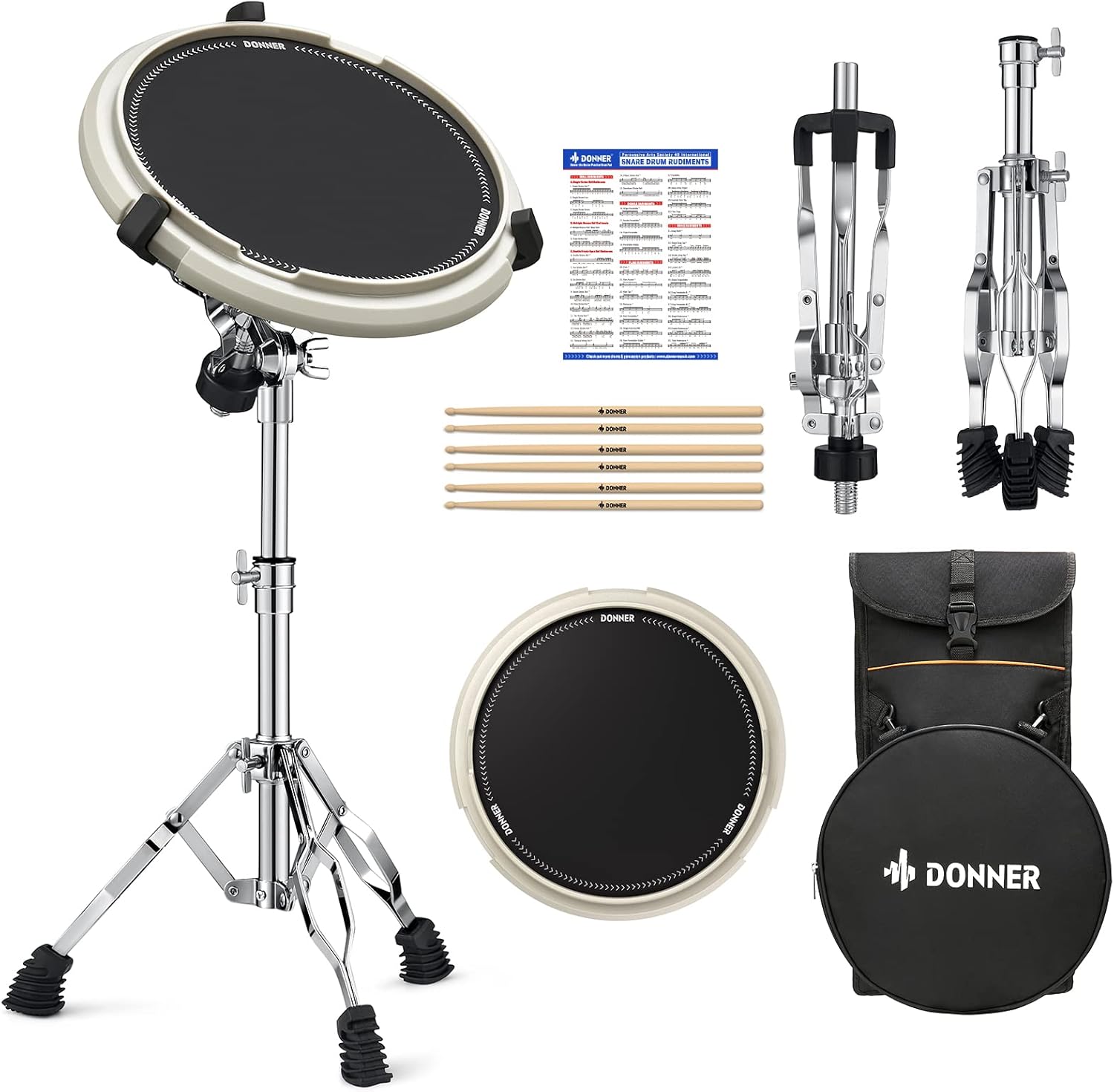 Donner Drum Practice Pad & Stand Kit with 12'' Silent Marching Pad, Drumsticks, Backpack - Adjustable Fits 10''-14'' Drums (White)