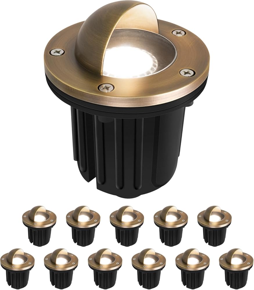 GKOLED LED Brass Well Lights, 12V In Ground Light Outdoor, IP67 Waterproof Low Voltage Landscape Lighting with MR16 Bulb and Swival Base, 5W 140LM 2700K, Up Light for Garden, Beacon Top, 12 Pack