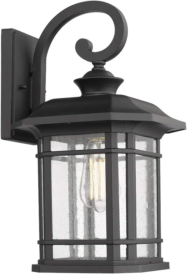 Emliviar Outdoor Wall Lights for House, 1-Light Exterior Wall Sconce Black Finish with Clear Seeded Glass, 17