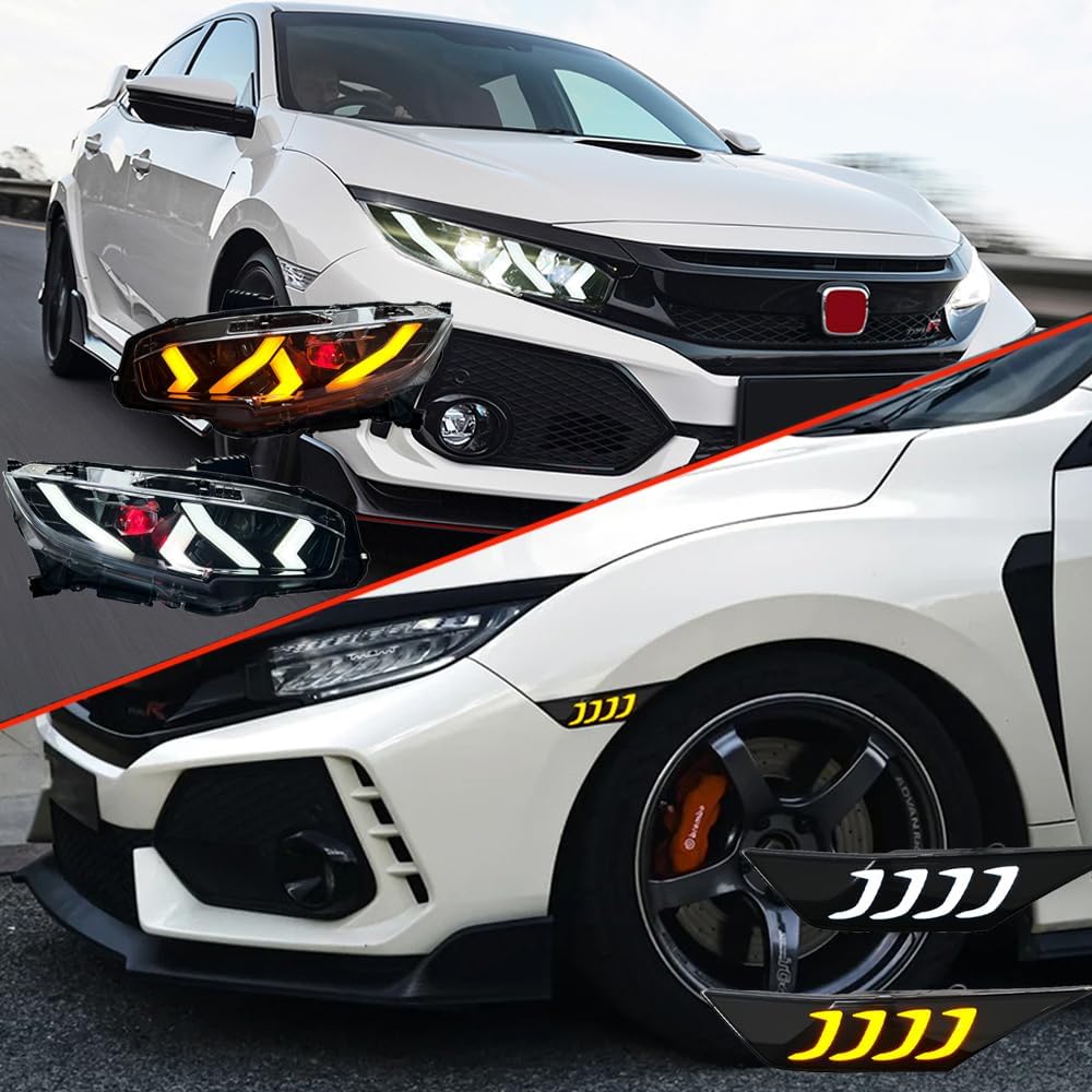 Headlights Side Marker Lights for Honda Civic 10th Gen 2016-2021 Automotive Replacement Accessories with DRL Sequential Turn Signal Passenger&Driver Side Light Head Lamp