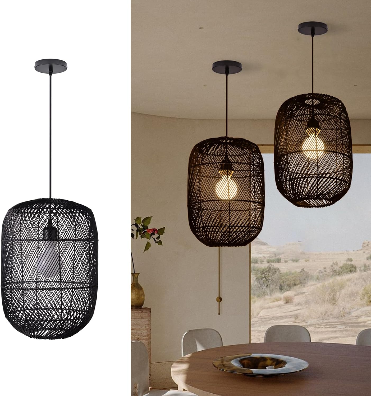 Arturesthome Black Rattan Pendant Light Fixture, Farmhouse Natural Boho Chandelier Ceiling Lighting, Retro Wicker Hanging Lamp for Kitchen Island 11