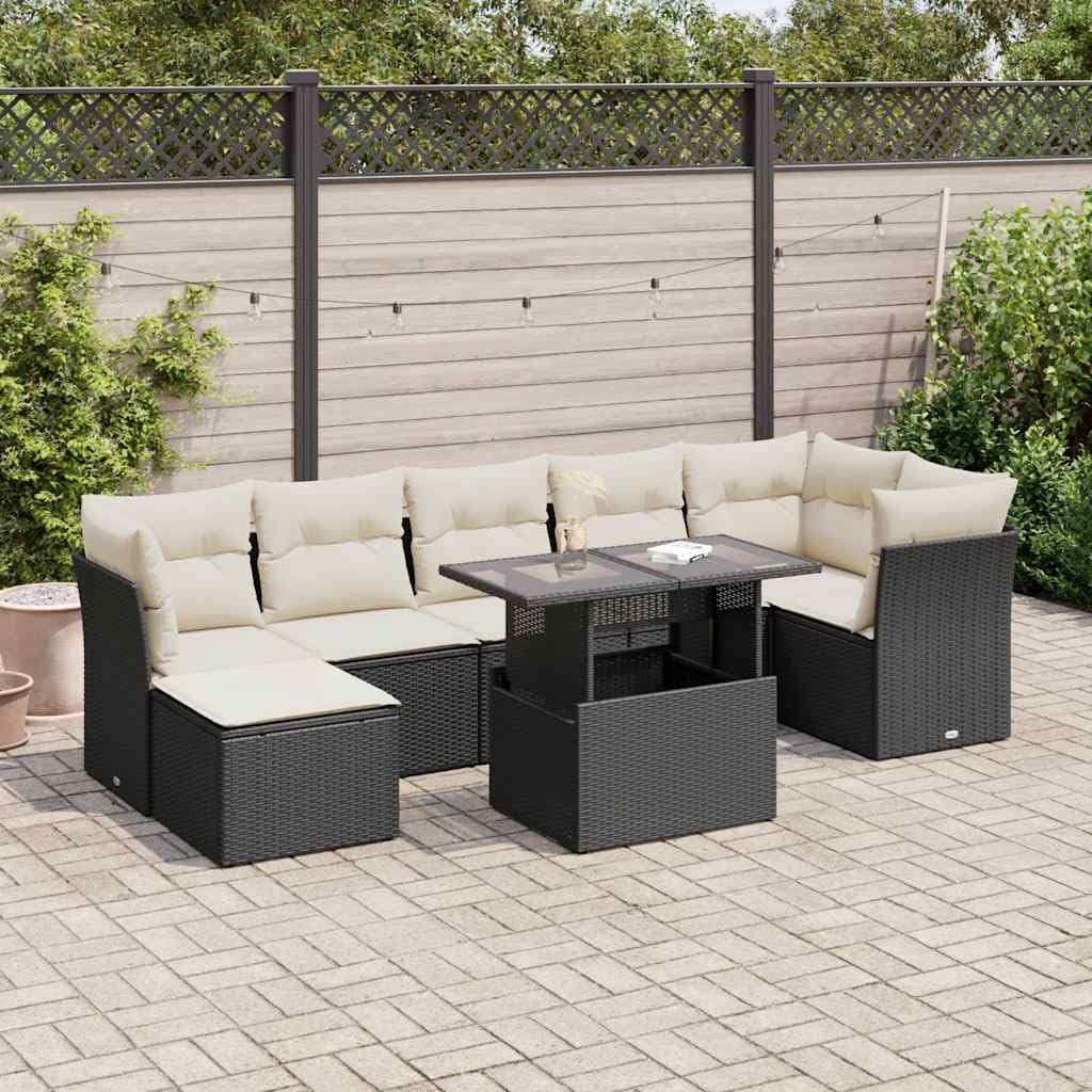 8-Piece Garden Sofa Set Black and Cream White with Adjustable Armrests and Ample Storage, Durable UV-Resistant Water-Repellent Outdoor Furniture for Patio Balcony Garden