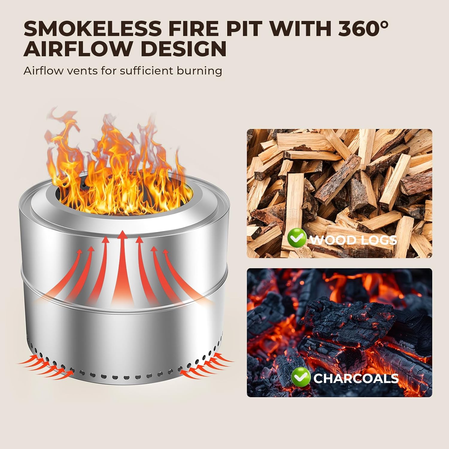 27 inch Smokeless Fire Pit, Outdoor Stainless Steel Smokeless Firepit, Wood Burning Fire Pits for Camping Backyard Patio Garden Picnic, Low Smoke Firepit for Outside