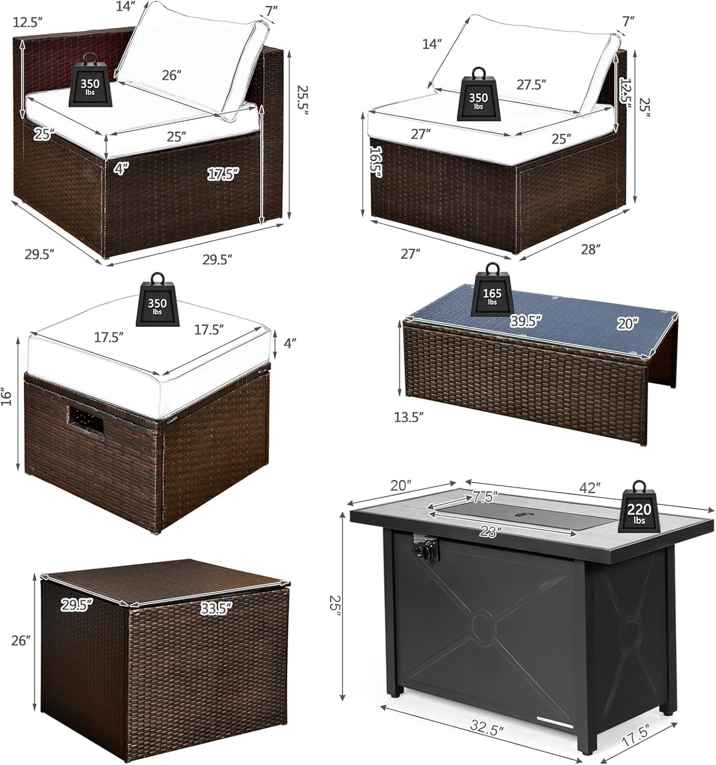 Tangkula 9 Pieces Patio 42” Propane Fire Pit Table Set, Outdoor PE Wicker Space-Saving Set with Storage Box and Cushions, 60,000 BTU Fire Pit Table with 2 Protective Covers Included (Black)