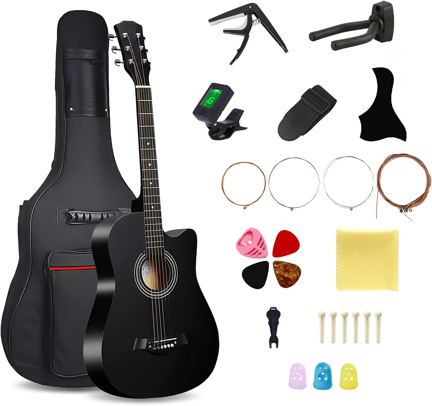 38inch Wood Acoustic Guitar, 6 Steel-String Acoustic Guitar With Guitar Bag, Elementary Tutorial of Folk Guitar for Beginners and Adults. (Black)
