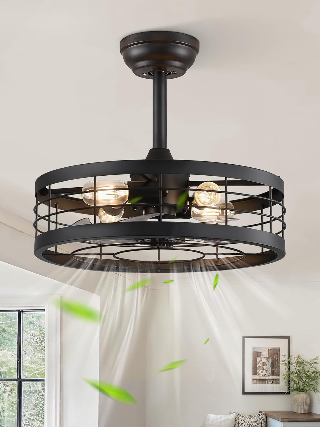 LEDIARY 18 inch Black Caged Ceiling Fan with Light, Bladeless Industrial Ceiling Fan with Remote, Farmhouse Fan Lights Ceiling Fixtures for Kitchen, Bedroom, Outdoor（6 Speed, Timing）-Black