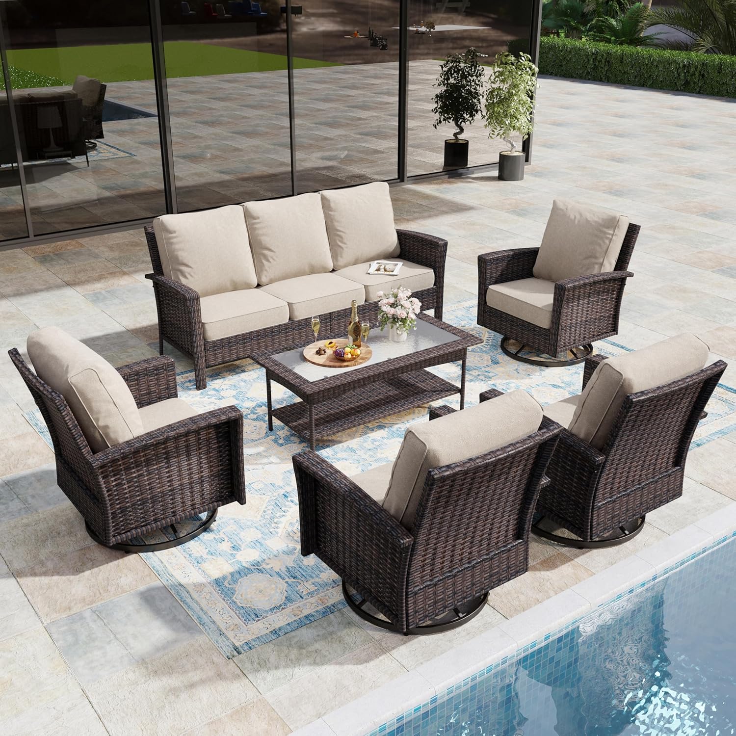 6-Piece Wicker Patio Furniture Set with Swivel Chairs, High Back Outdoor Sofa with 5.5-inch Thick Cushion, All-Weather Wicker Patio Conversation Set for Deck Yard Pool, Beige