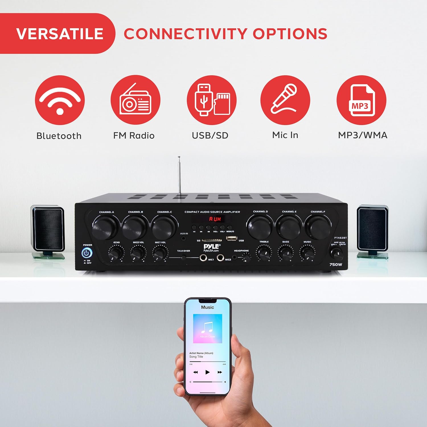 Pyle Wireless Bluetooth Karaoke Amplifier - 6 Channel 750W Power, Stereo Receiver Home Audio Amplifier w/USB,AUX, Subwoofer Out, Headphone, 2 Mic Input w/Echo, Talk-Over For PA