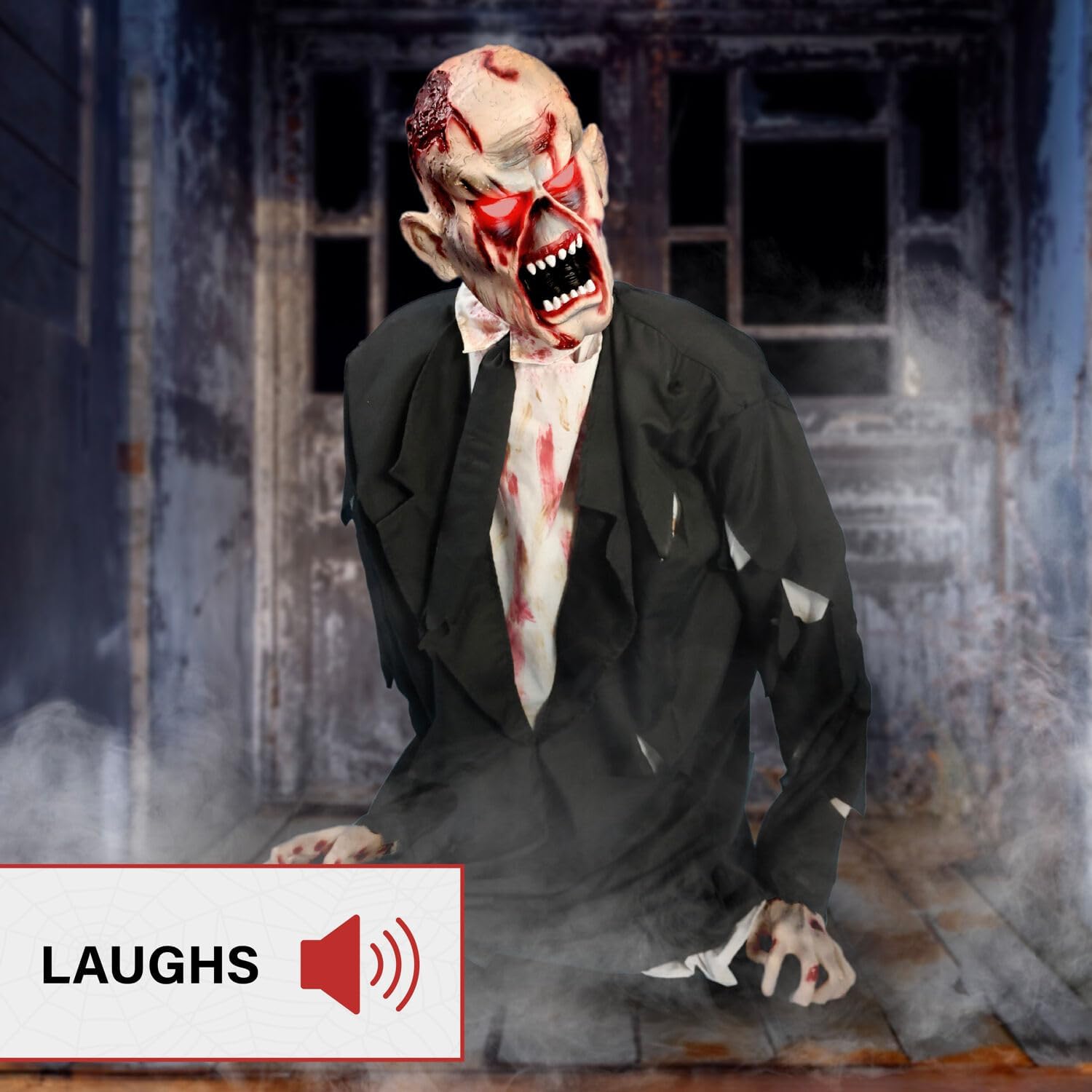 Haunted Hill Farm Damien by Tekky, Battery-Operated, Motion and Sound Activated Animatronic Zombie with Sound Effects and Lights for Indoor or Covered Outdoor Creepy Halloween Decoration