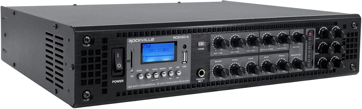 Rockville RCS180-6 180W 6-Zone 70v Commercial Amplifier, Bluetooth, USB/SD/RCA, Mic, Optical Inputs, FM, for Restaurants/Offices