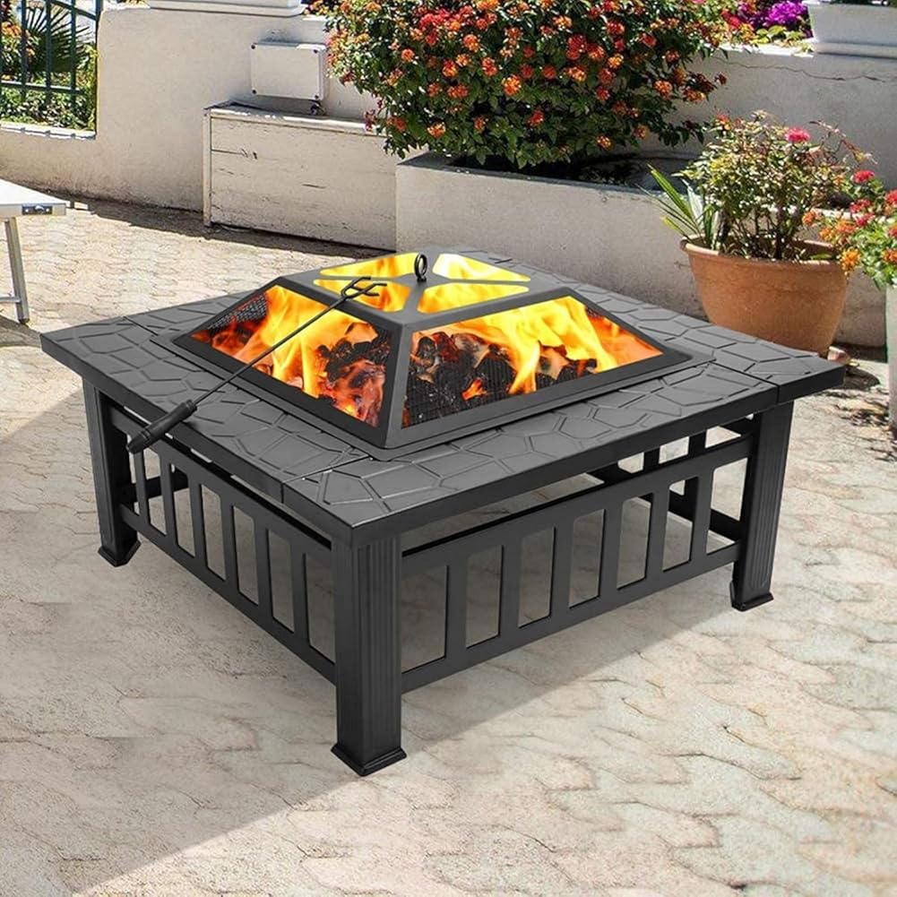 Garden Fire Pit Grill Bowl Grill Barbecue Rack 32In Fire Pit Outdoor Wood Burning Bonfire Stove Durable Metal Square Brazier Tabletop Fireplaces with Mesh Screen Lid Accessories Backyard