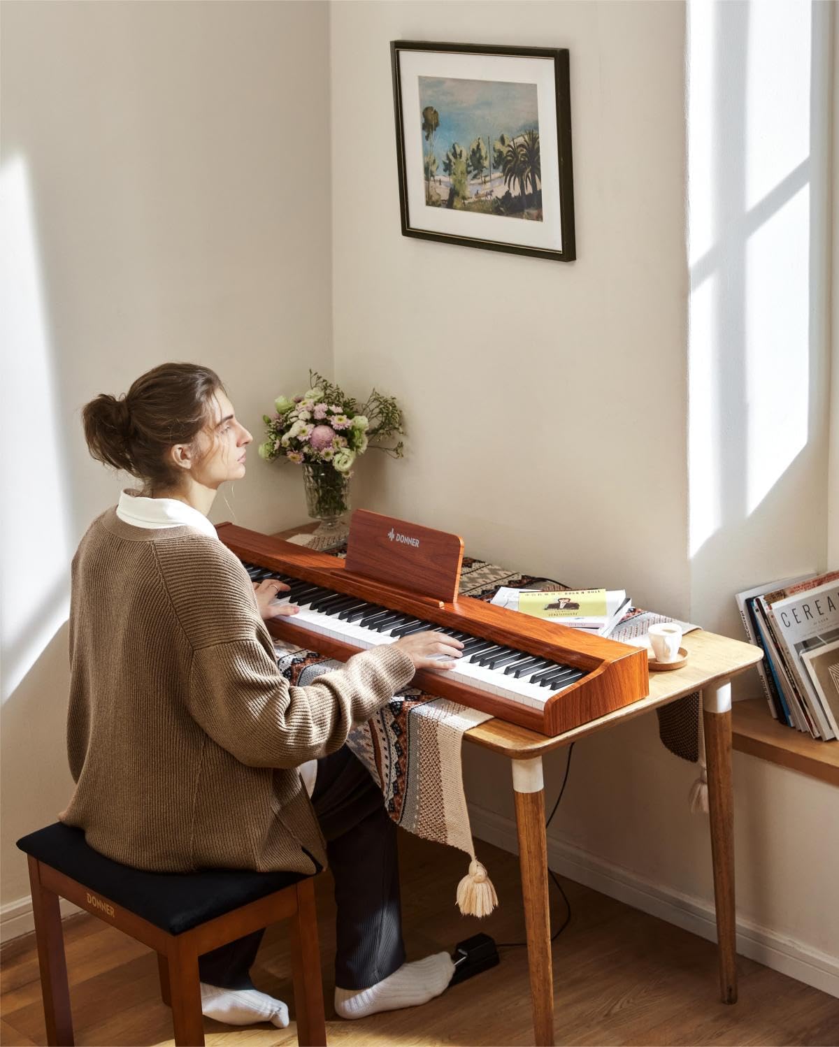 Donner DEP-1S Portable Digital Piano with X-style Piano Stand, Solid Wood Piano Bench, Piano Stickers